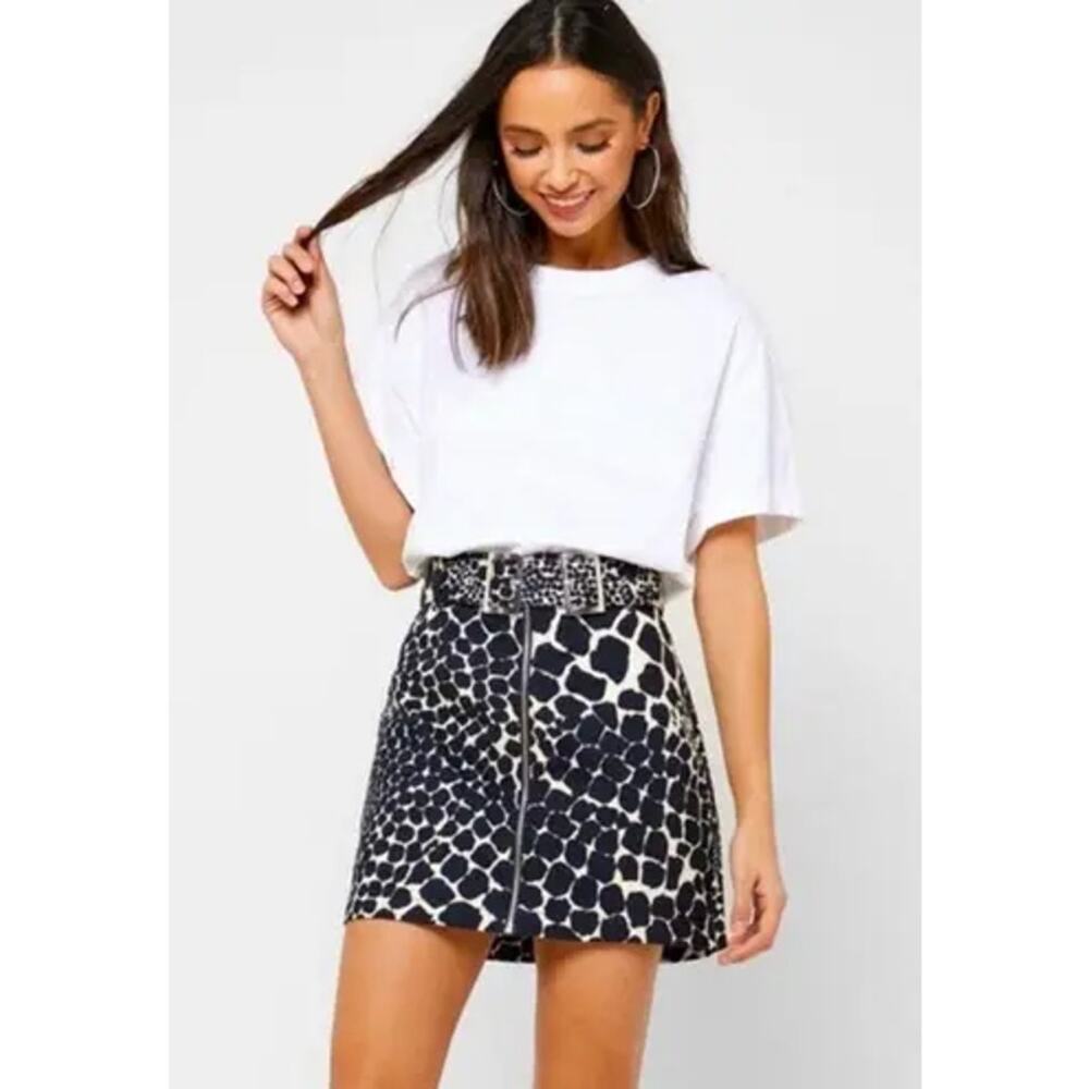 Topshop Skirt Black Cream Animal Print Giraffe Mini Metal Belt Buckle Zipper 2